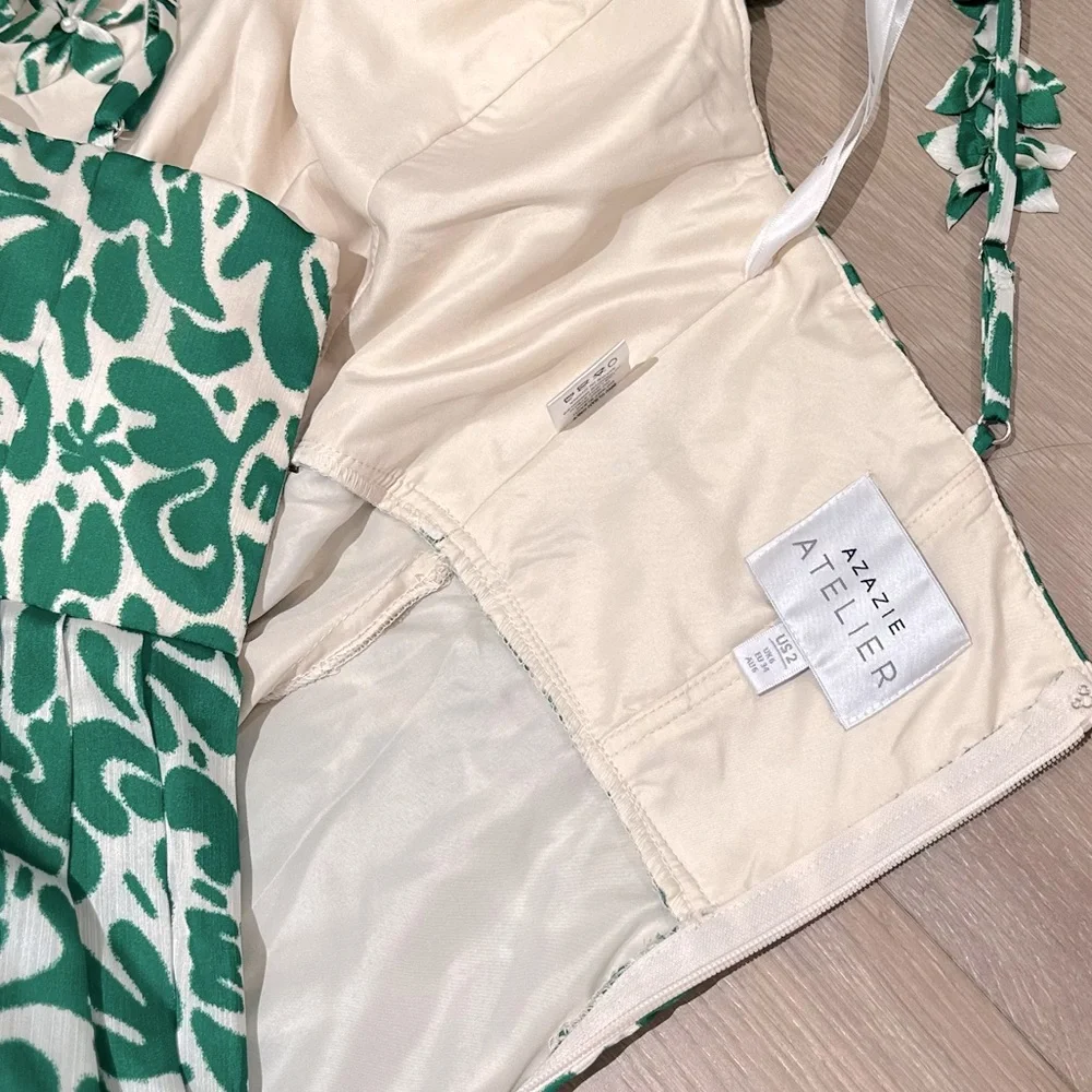 NWT 🌟 Azazie Maggy Green abstract Leaf Print Midi Dress - Picture 6 of 13